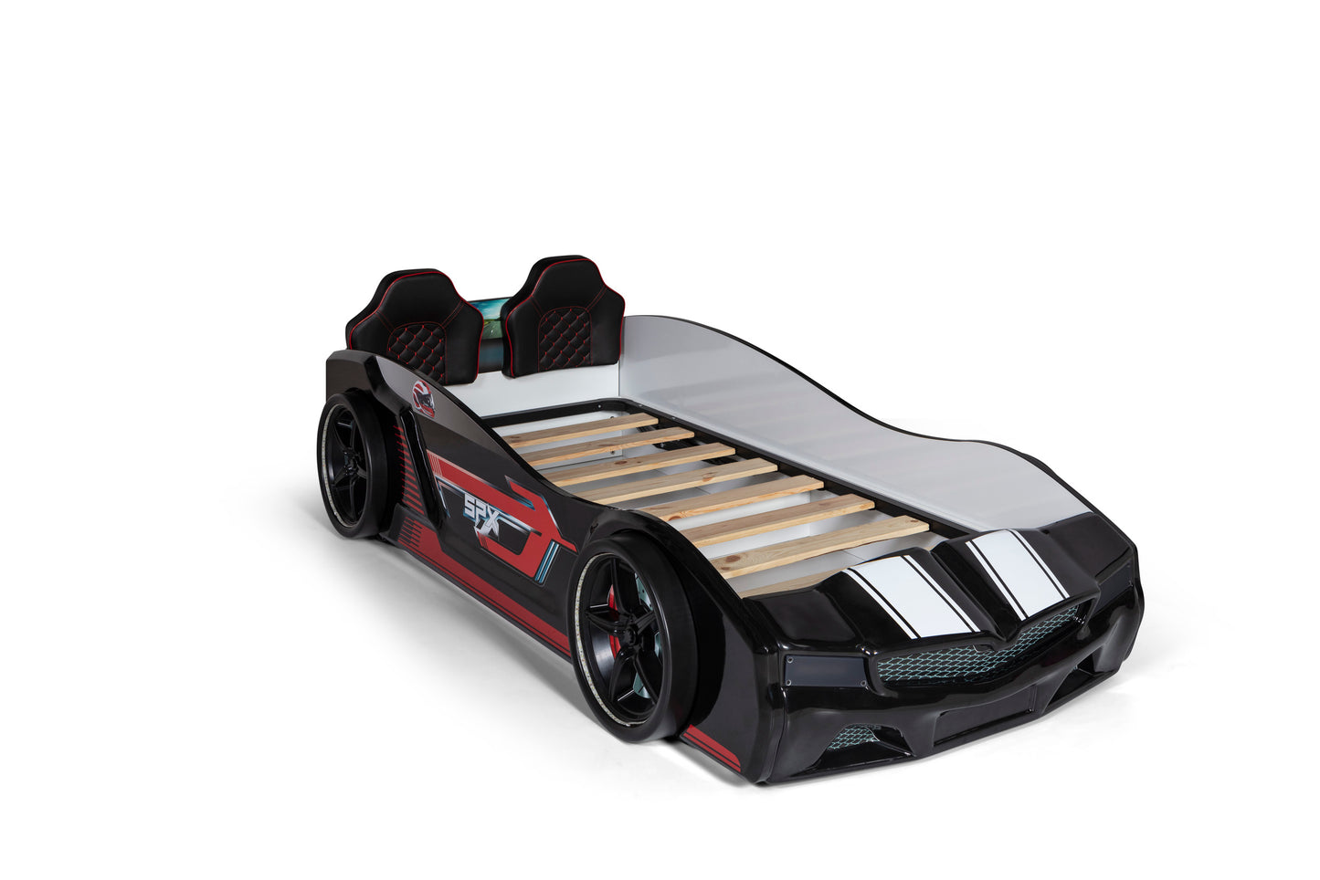Letto singolo contenitore a forma di auto sportiva colore nero SPX, materasso incluso.
