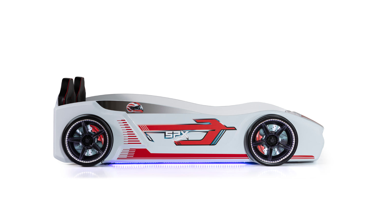 Letto singolo contenitore a forma di auto sportiva colore bianco SPX, materasso incluso.
