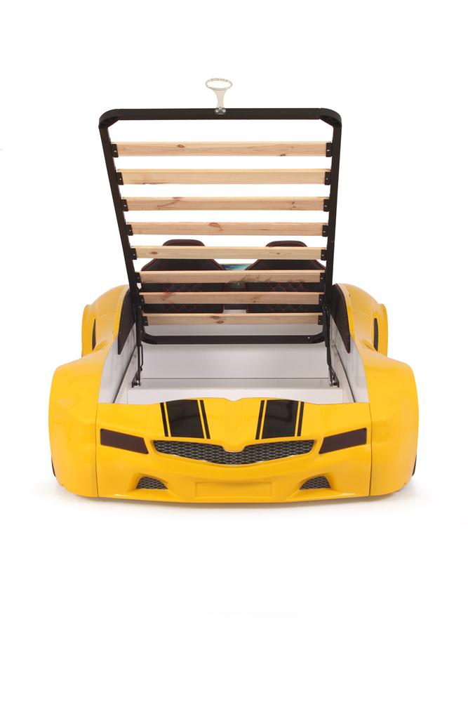 Letto singolo contenitore a forma di auto sportiva colore giallo SPX XTREME con controller e musica, materasso incluso.