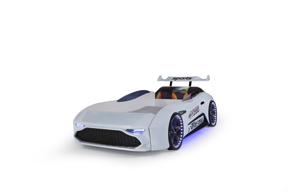 Einzelbett in Form eines ASTON-Sportwagens in Weiß, inklusive Matratze.