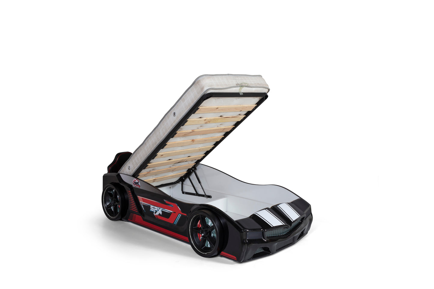Letto singolo contenitore a forma di auto sportiva colore nero SPX, materasso incluso.