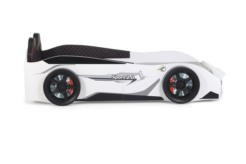 Letto singolo a forma di auto sportiva colore bianco SPORT 3.0, materasso incluso.