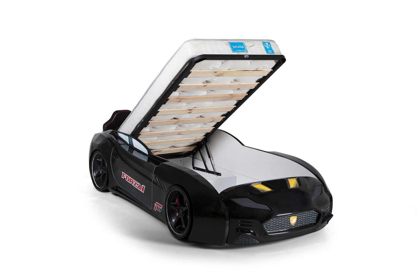 Letto singolo contenitore a forma di auto sportiva colore nero MAXI con comandi e musica, materasso incluso.