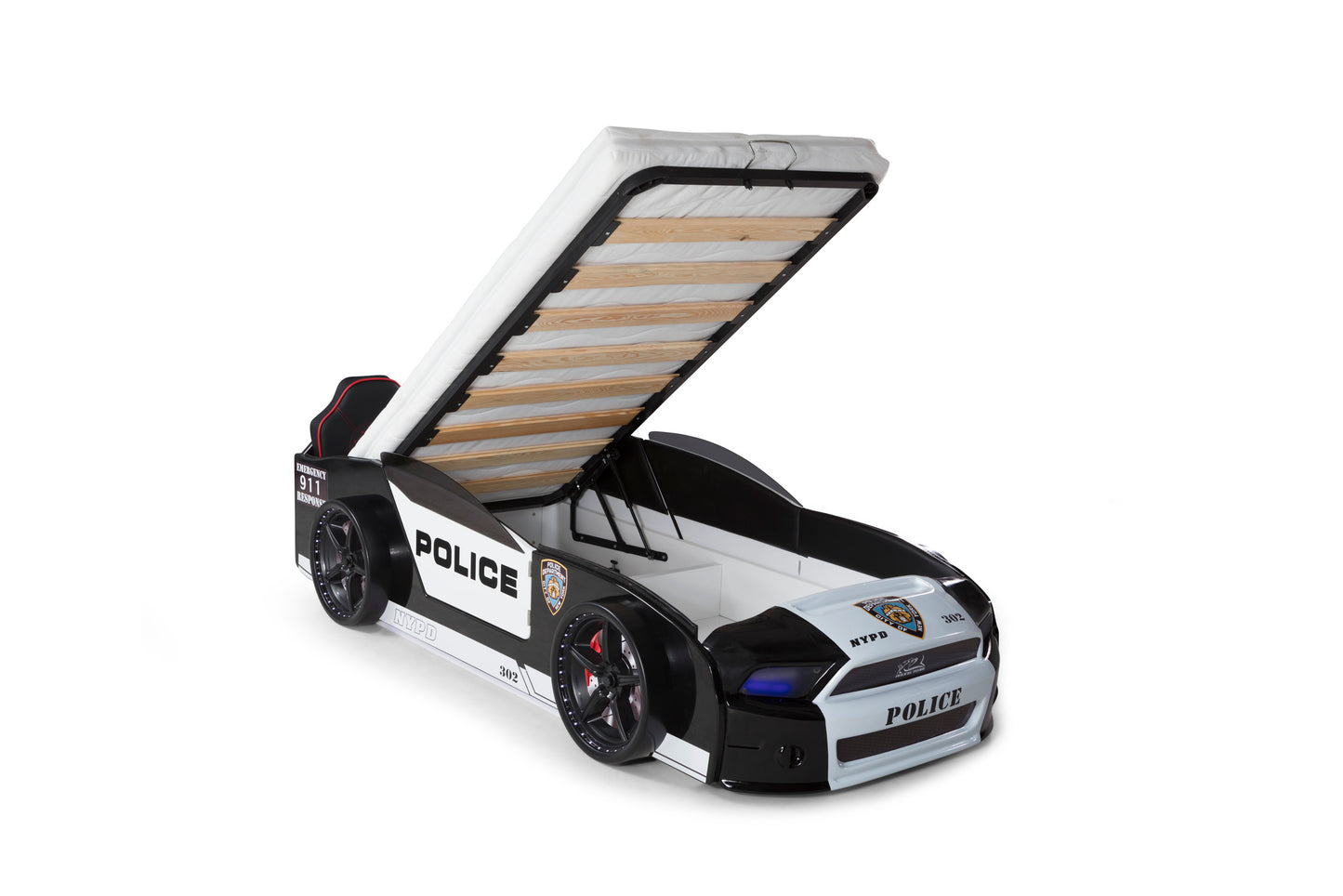 Letto singolo contenitore a forma di auto della polizia MUSTANG colore nero e bianco, con apertura porte, materasso incluso.