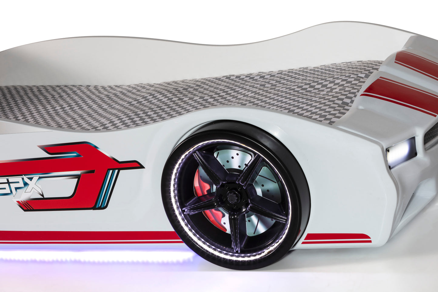 Letto singolo contenitore a forma di auto sportiva colore bianco SPX, materasso incluso.