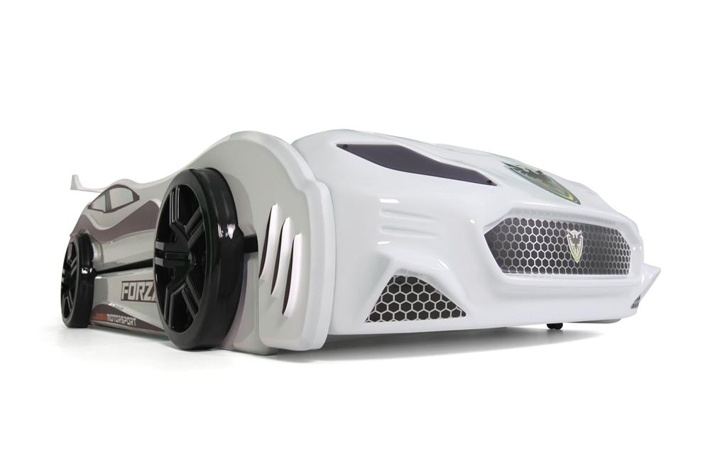 Letto singolo con secondo letto estraibile a forma di auto sportiva colore bianco FORZA2, materassi inclusi.
