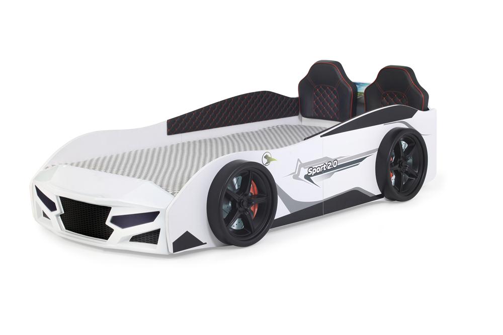 Letto singolo a forma di auto sportiva colore bianco SPORT 3.0, materasso incluso.