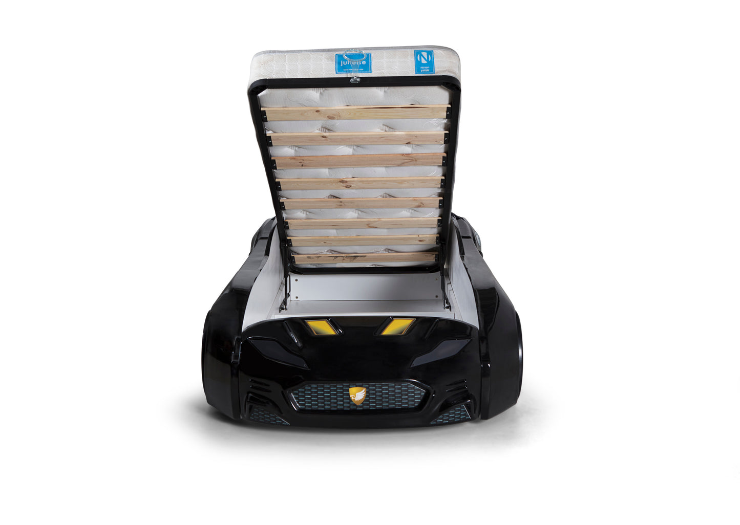 Letto singolo contenitore a forma di auto sportiva colore nero MAXI con comandi e musica, materasso incluso.