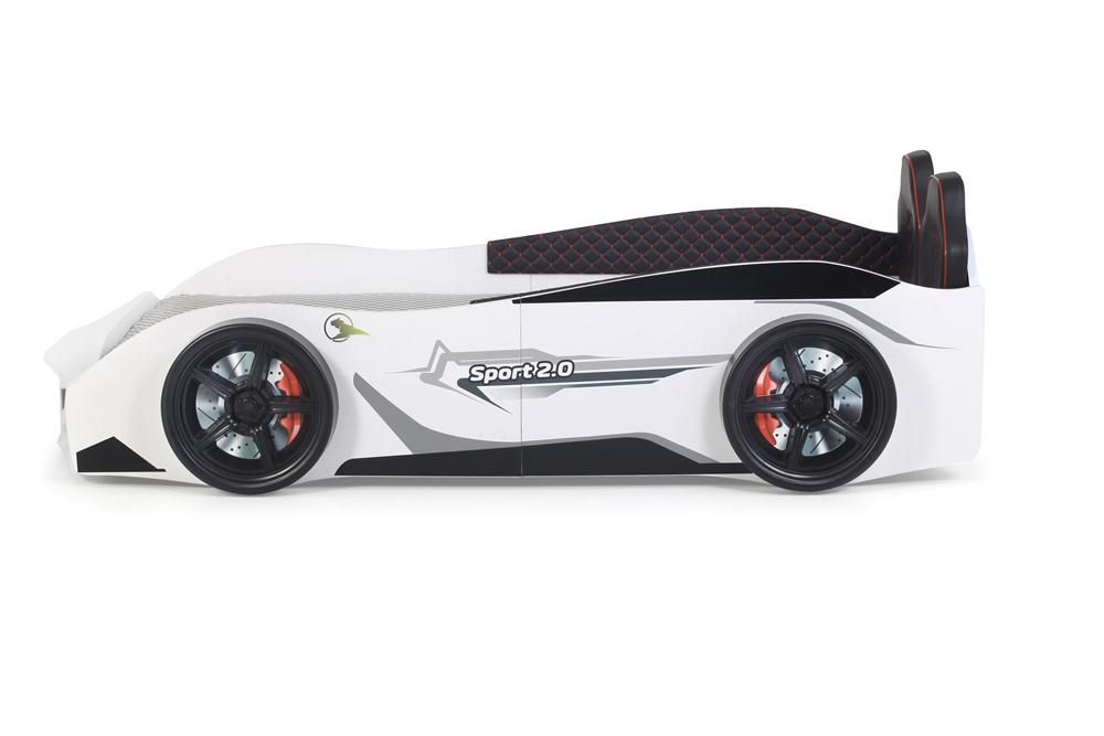 Letto singolo a forma di auto sportiva colore bianco SPORT 3.0, materasso incluso.