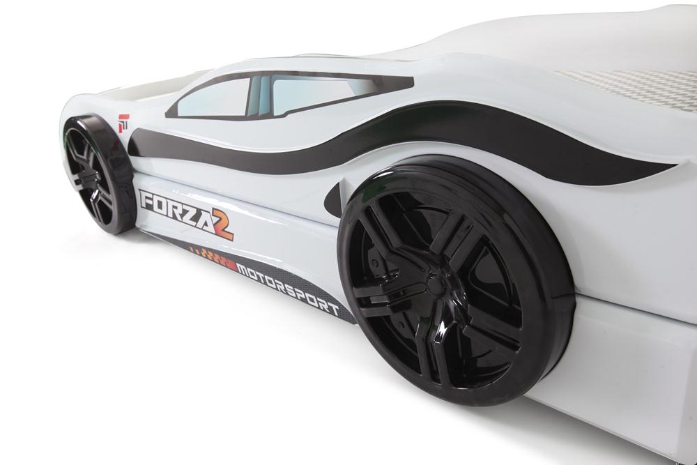 Letto singolo con secondo letto estraibile a forma di auto sportiva colore bianco FORZA2, materassi inclusi.