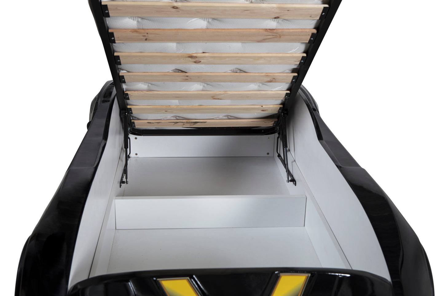 Letto singolo contenitore a forma di auto sportiva colore nero MAXI con comandi e musica, materasso incluso.