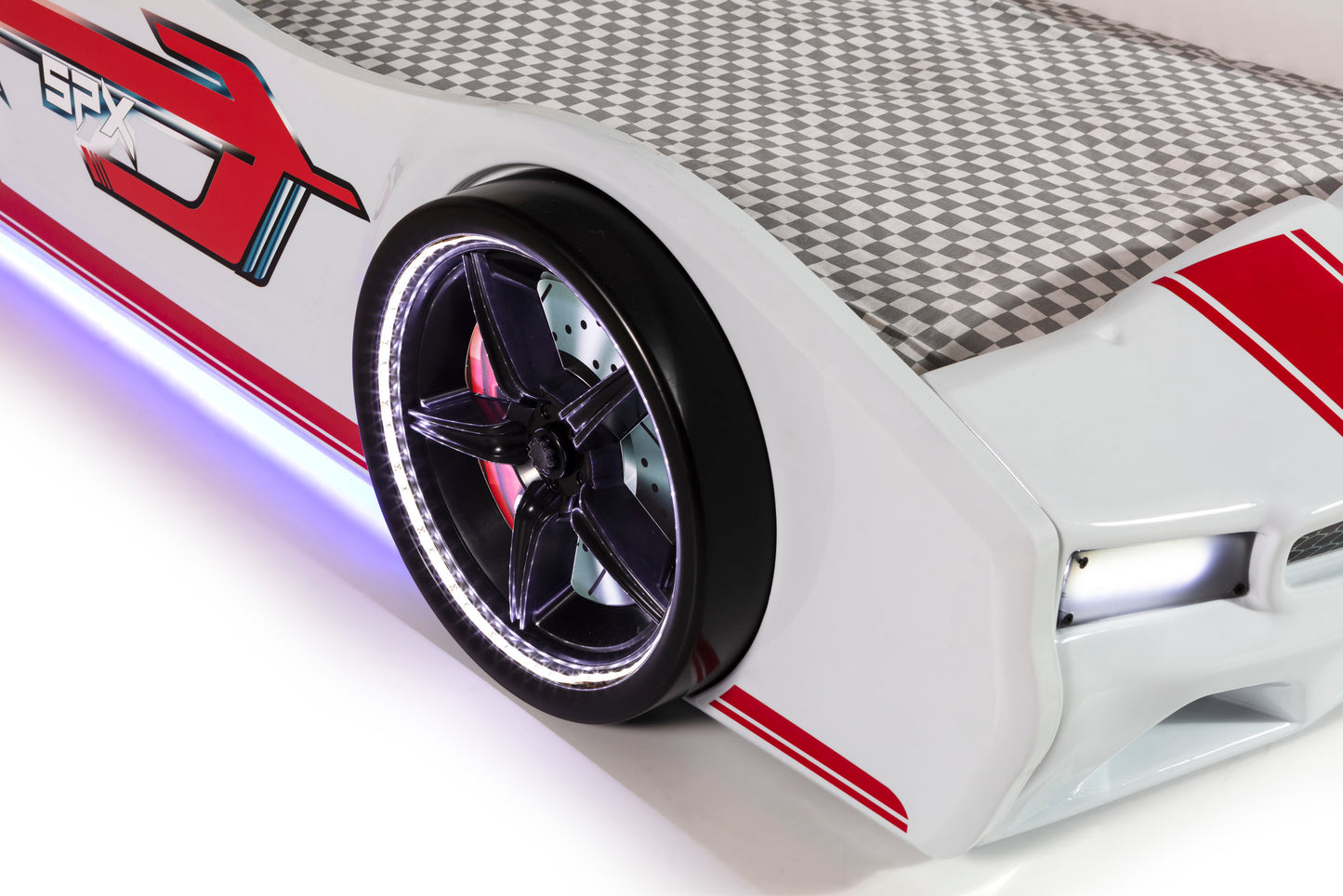 Letto singolo contenitore a forma di auto sportiva colore bianco SPX, materasso incluso.