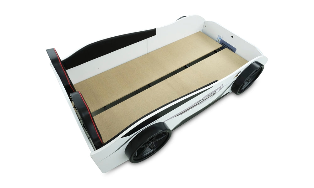 Letto singolo a forma di auto sportiva colore bianco SPORT 3.0, materasso incluso.