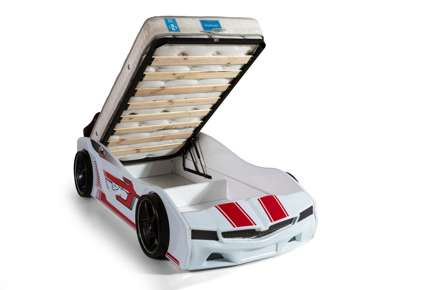 Letto singolo contenitore a forma di auto sportiva colore bianco SPX, materasso incluso.