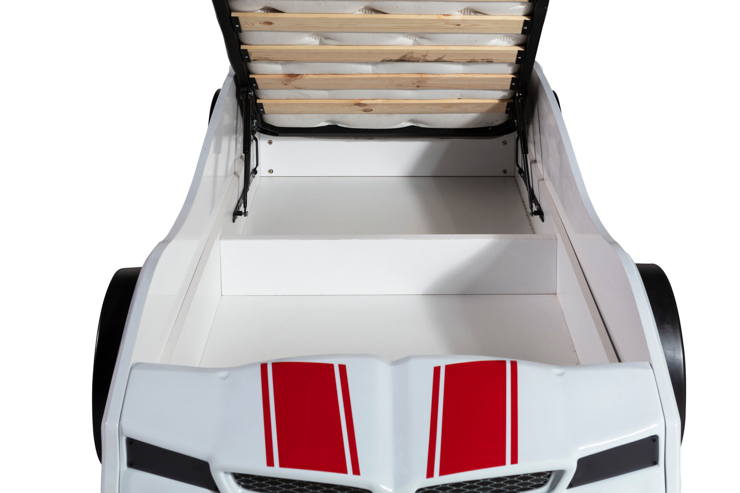 Letto singolo contenitore a forma di auto sportiva colore bianco SPX, materasso incluso.
