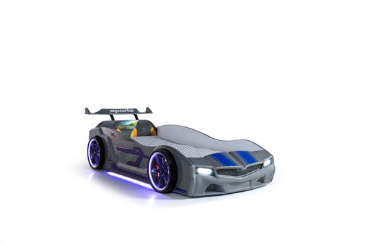 Einzelbett mit Stauraum in Form eines grauen SPX-Sportwagens, inklusive Matratze.