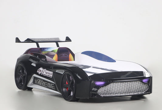 Einzelbett in Form eines ASTON-Sportwagens in Schwarz, inklusive Matratze.