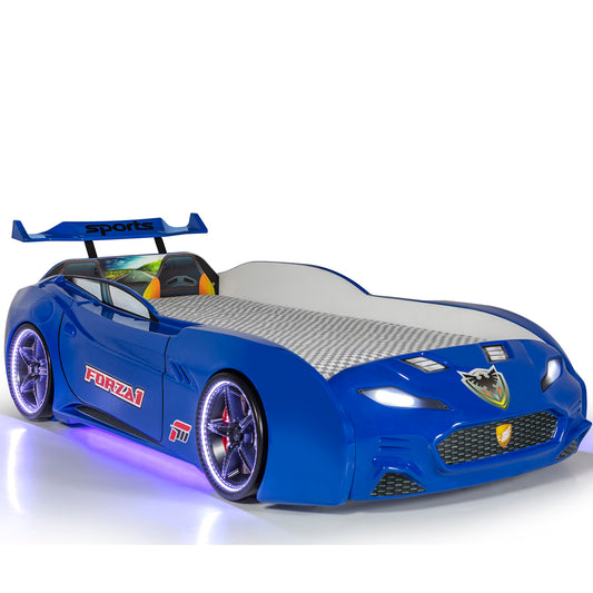 Einzelnes Containerbett in Form eines blauen MAXI-Sportwagens mit Steuerung und Musik, inklusive Matratze.