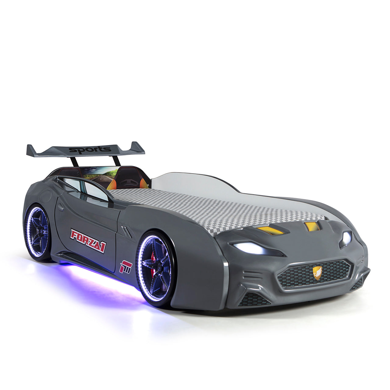 Letto singolo contenitore a forma di auto sportiva colore grigio MAXI con comandi e musica, materasso incluso.