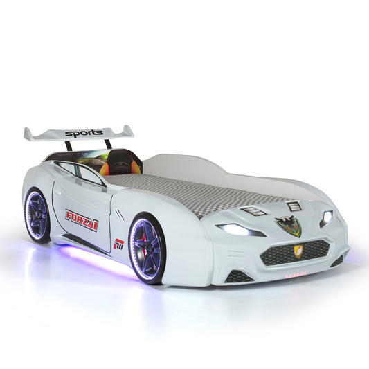 Einzelcontainerbett in Form eines weißen MAXI-Sportwagens mit Steuerung und Musik, Matratze inklusive.