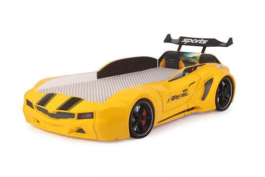 SPX XTREME gelbes Einzelcontainerbett in Form eines Sportwagens mit Controller und Musik, inklusive Matratze.