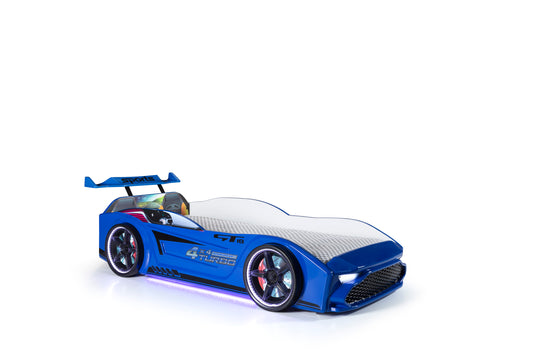 Einzelcontainerbett in Form eines blauen GT18-Sportwagens, inklusive Matratze.