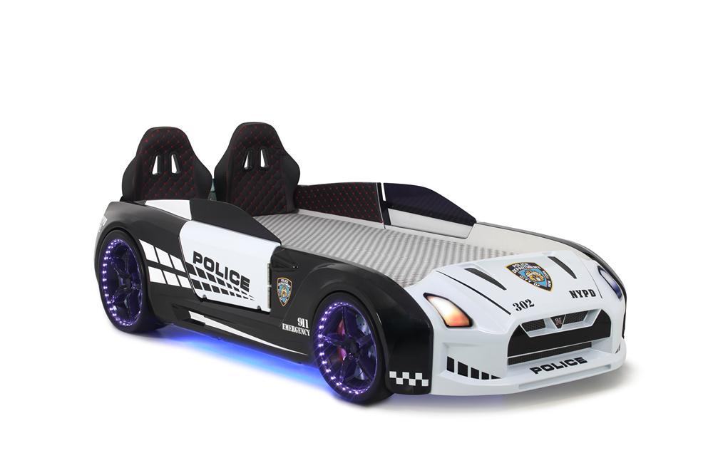 Letto singolo contenitore a forma di auto della polizia colore bianco e nero GTR con apertura porte, materasso incluso.