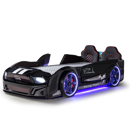 Einzelbett mit Stauraum in Form eines schwarzen MUSTANG-Sportwagens, mit aufklappbaren Türen, inklusive Matratze.