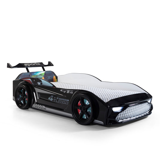 Einzelbett mit Stauraum in Form eines schwarzen GT18-Sportwagens, inklusive Matratze.