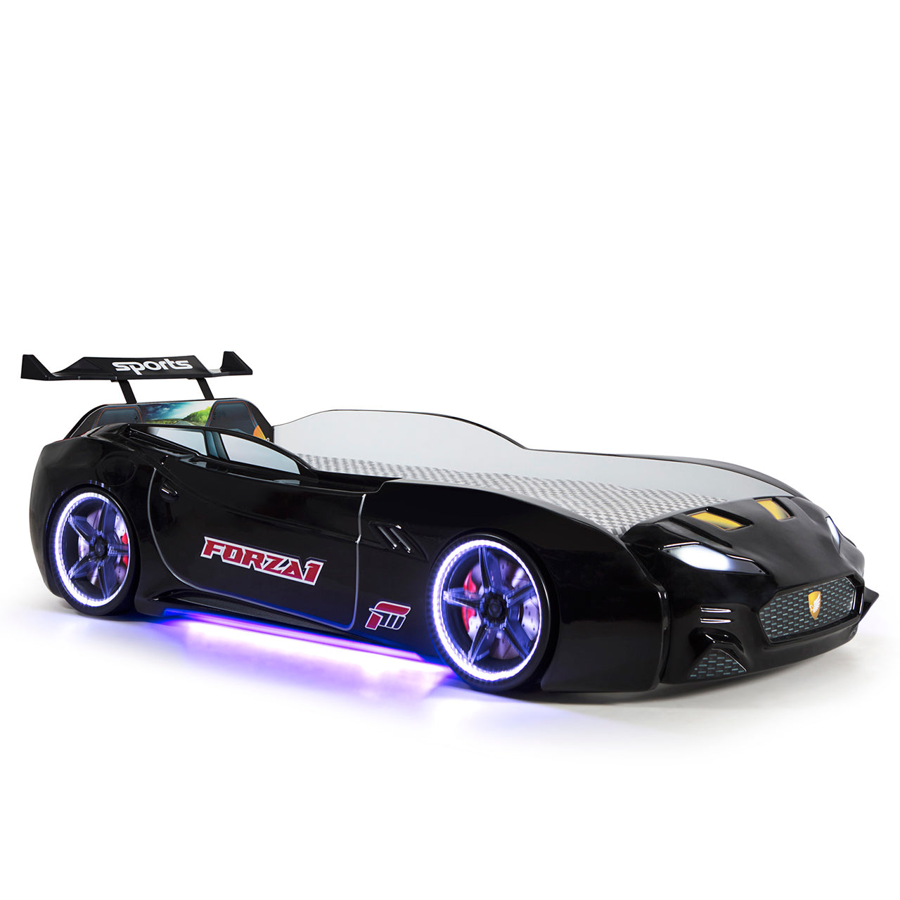 Letto singolo contenitore a forma di auto sportiva colore nero MAXI con comandi e musica, materasso incluso.