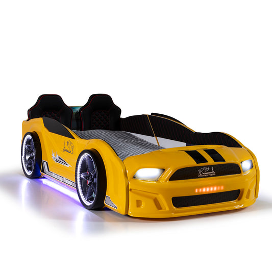 Einzelcontainerbett in Form eines gelben MUSTANG-Sportwagens mit zu öffnenden Türen, inklusive Matratze.