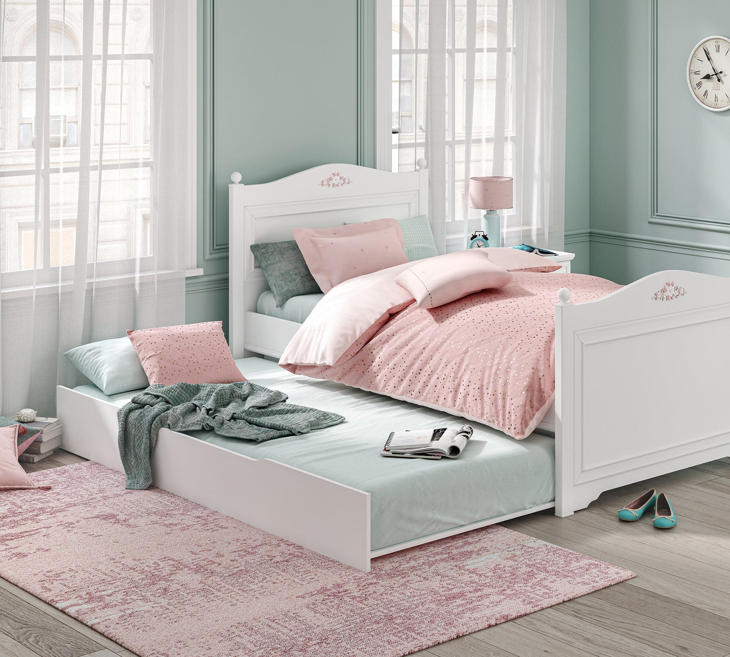Rustikales weißes Ausziehbett (100 x 200 cm)