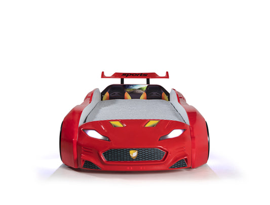 Einzelcontainerbett in Form eines roten MAXI-Sportwagens mit Steuerung und Musik, inklusive Matratze.