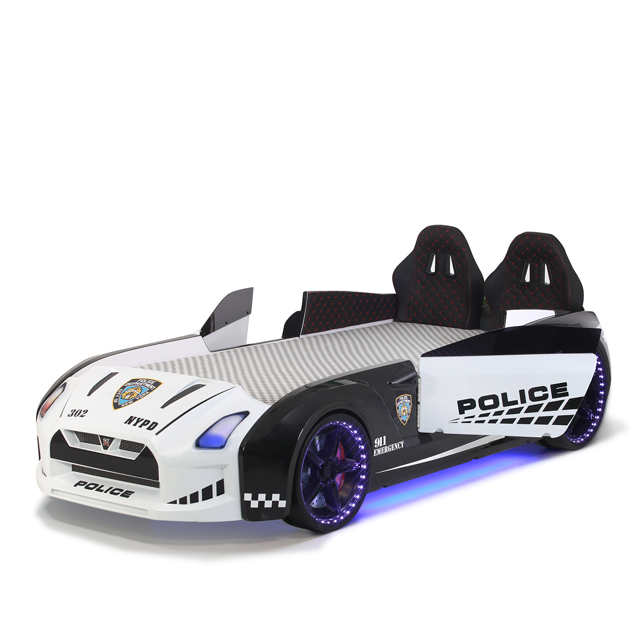 Letto singolo contenitore a forma di auto della polizia colore bianco e nero GTR con apertura porte, materasso incluso.