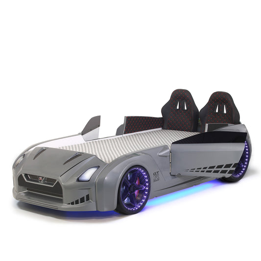 Einzelcontainerbett in Form eines grauen GTR-Sportwagens mit aufklappbaren Türen, inklusive Matratze.