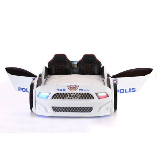 Einzelcontainerbett in Form eines MUSTANG-Polizeiautos, weiß, mit aufklappbaren Türen, inklusive Matratze.