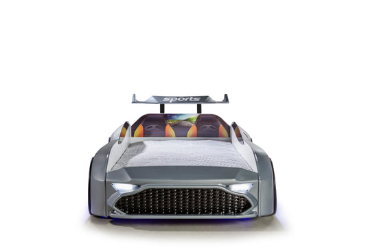 Einzelbett in Form eines ASTON-Sportwagens, graue Farbe, inklusive Matratze.