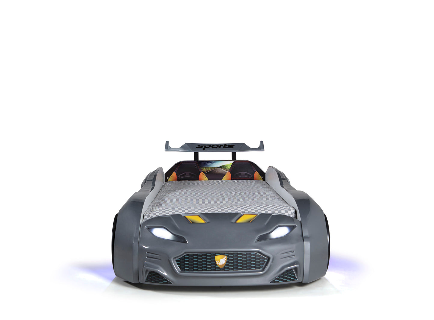 Letto singolo contenitore a forma di auto sportiva colore grigio MAXI con comandi e musica, materasso incluso.