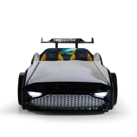 Einzelbett mit Stauraum in Form eines schwarzen GT18-Sportwagens, inklusive Matratze.