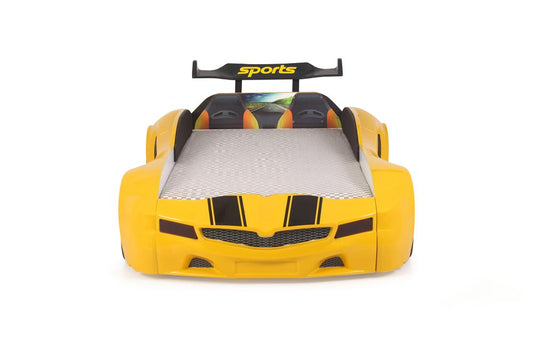 SPX XTREME gelbes Einzelcontainerbett in Form eines Sportwagens mit Controller und Musik, inklusive Matratze.