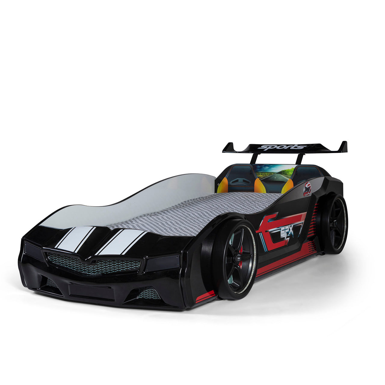 Letto singolo contenitore a forma di auto sportiva colore nero SPX, materasso incluso.