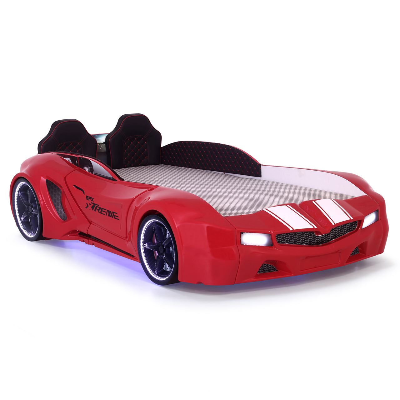Letto singolo contenitore a forma di auto sportiva colore rosso SPX XTREME con controller e musica, materasso incluso.