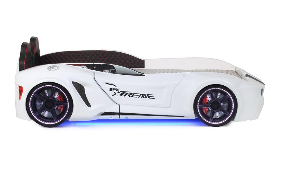 Letto singolo contenitore a forma di auto sportiva colore bianco SPX XTREME con controller e musica, materasso incluso.