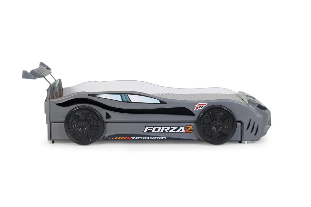Letto singolo con secondo letto estraibile a forma di auto sportiva colore grigio FORZA2, materassi inclusi.