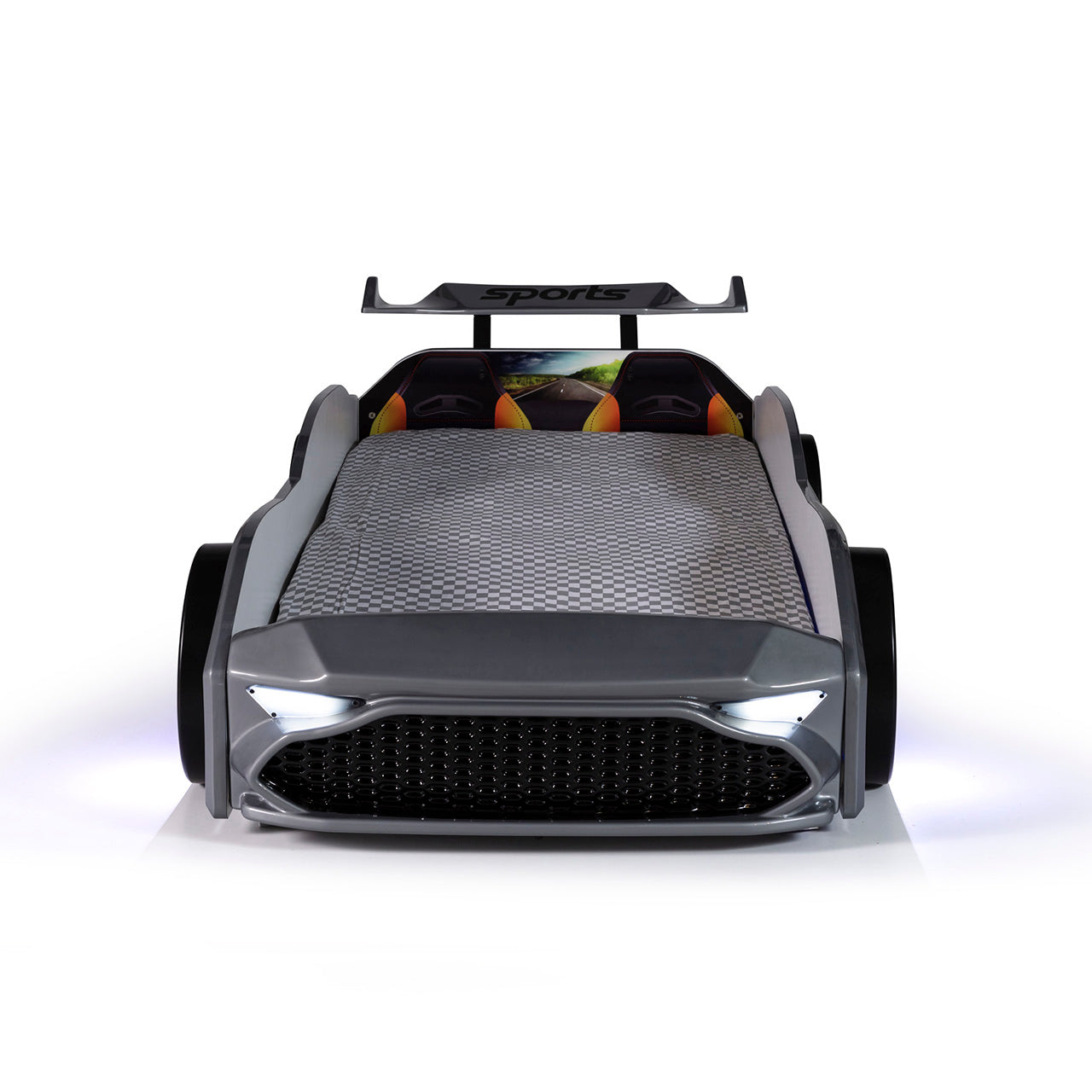 Letto singolo contenitore a forma di auto sportiva colore grigio GT18, materasso incluso.