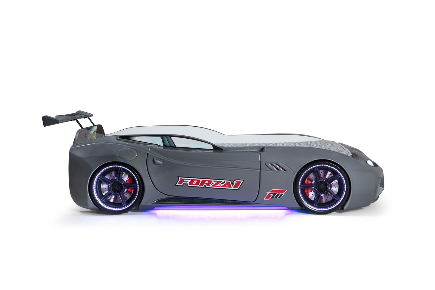 Letto singolo contenitore a forma di auto sportiva colore grigio MAXI con comandi e musica, materasso incluso.