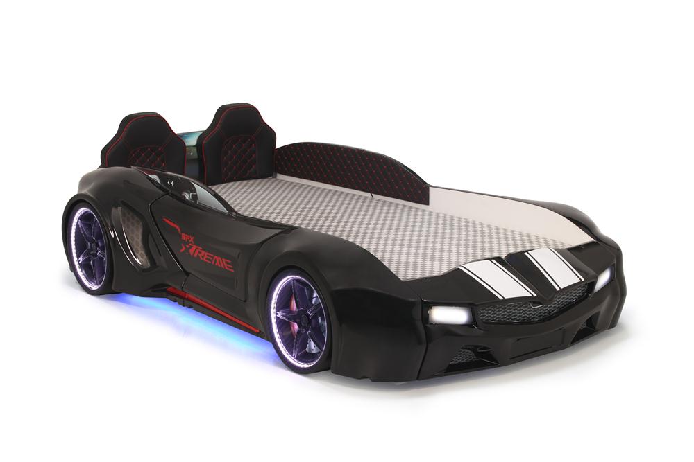 Letto singolo contenitore a forma di auto sportiva colore nero SPX XTREME con controller e musica, materasso incluso.