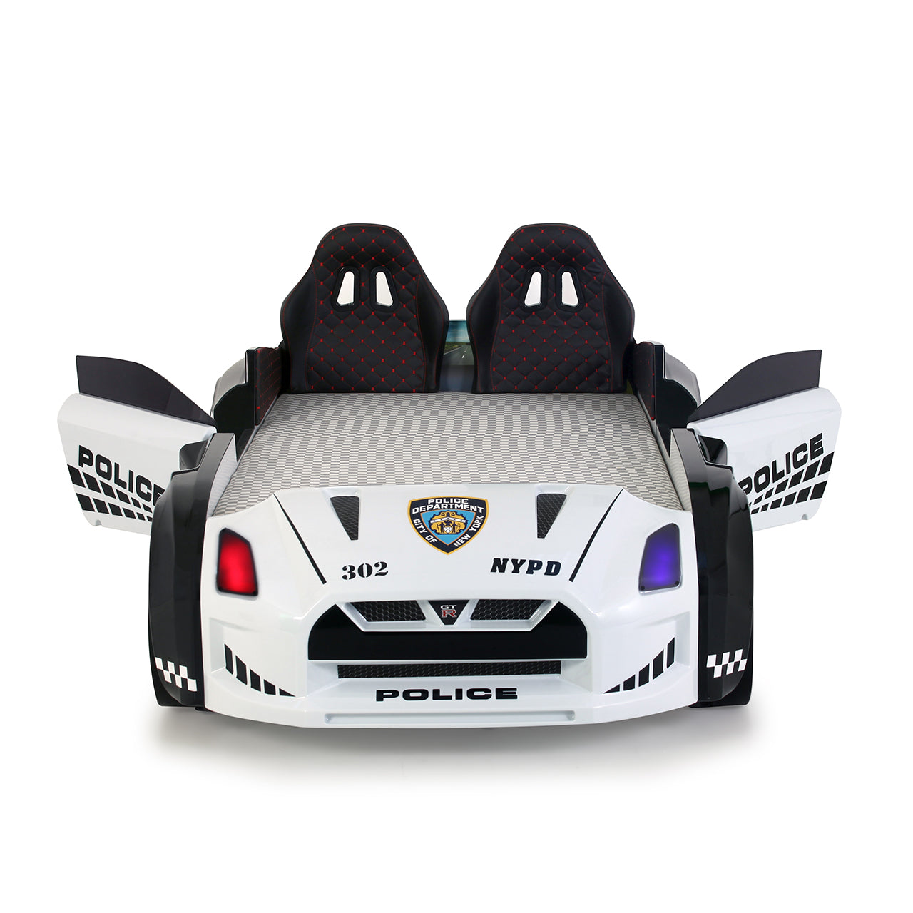 Letto singolo contenitore a forma di auto della polizia colore bianco e nero GTR con apertura porte, materasso incluso.