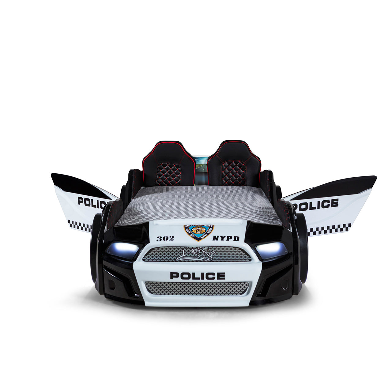 Letto singolo contenitore a forma di auto della polizia MUSTANG colore nero e bianco, con apertura porte, materasso incluso.
