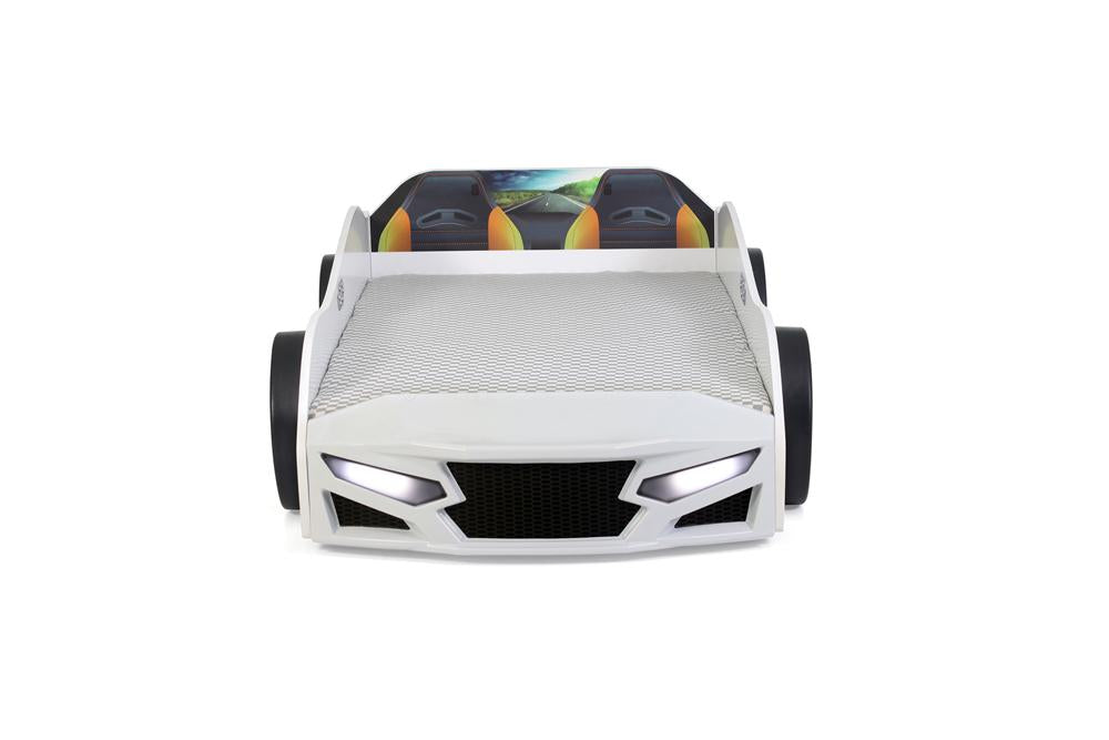 Letto singolo a forma di auto sportiva colore bianco SPORT 3.0, materasso incluso.